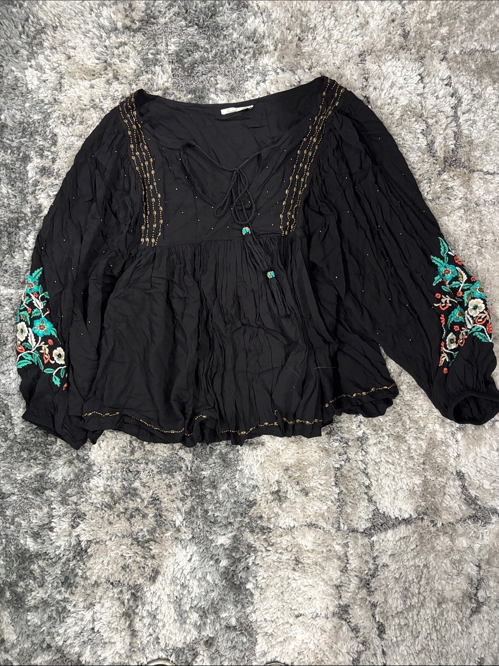 Floreat Black Boho Embroidered Tie-Front Tunic